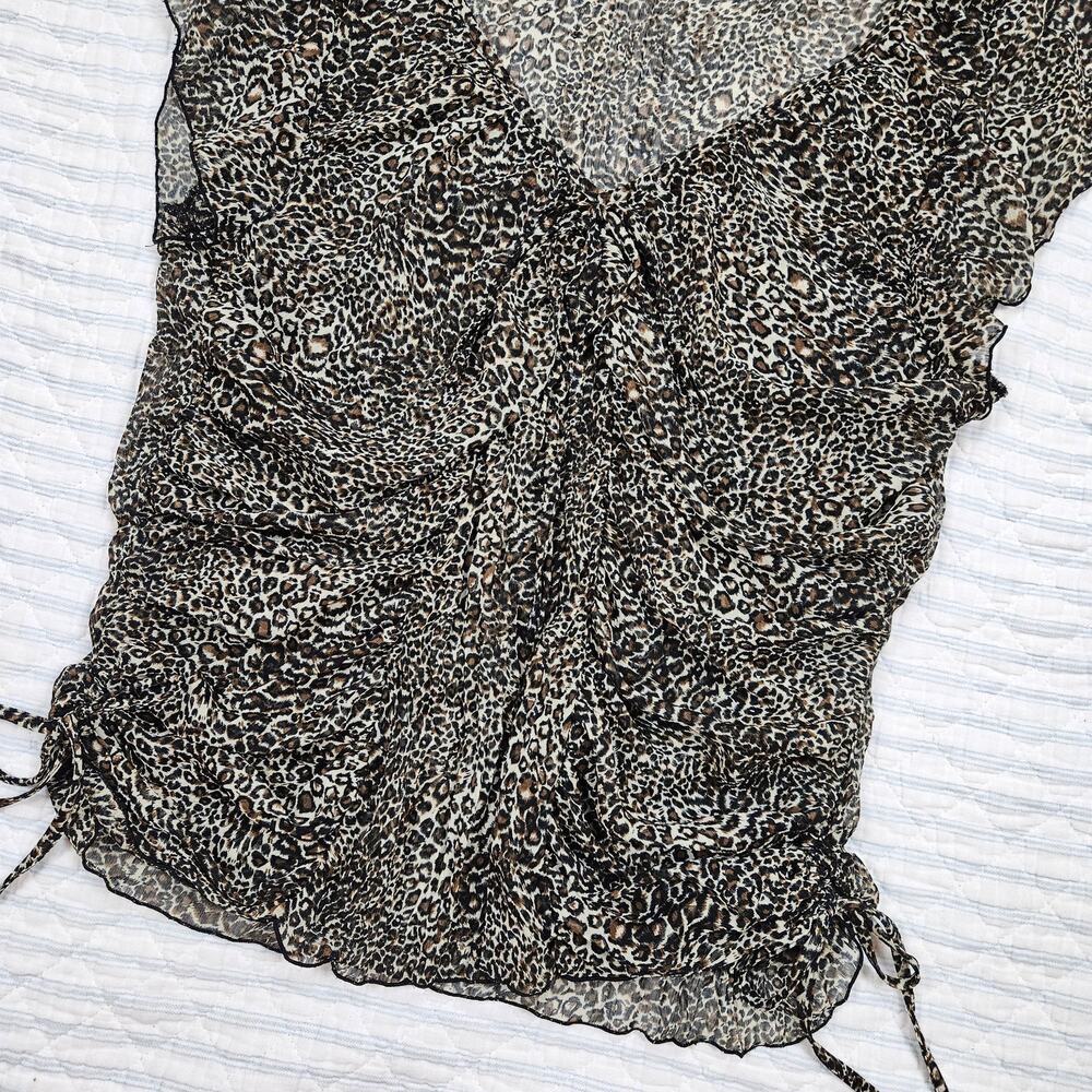 Y2k Leopard Print Top Sheer Ruched Sides Bow Detail - Size Large - Picture 3 of 5